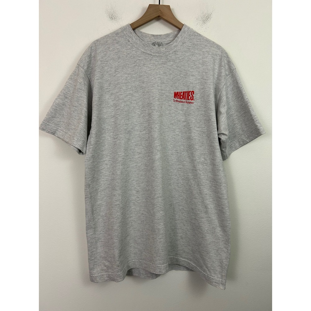 Vintage Fruit of the Loom Wheaties T Shirt XL Gray Embroidered‎ Made in USA 90s